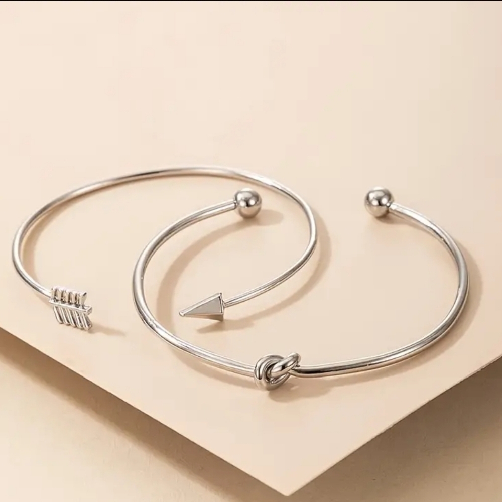 NWT Knotted & Arrow Shape Open Bangle Adj. 2pc Silver Bracelets